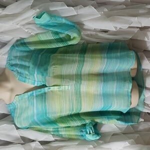 CJ Banks.Colorful Sheer 1/4 Button Pull Over; Mandarin Collar Top. Size 2X. EUC